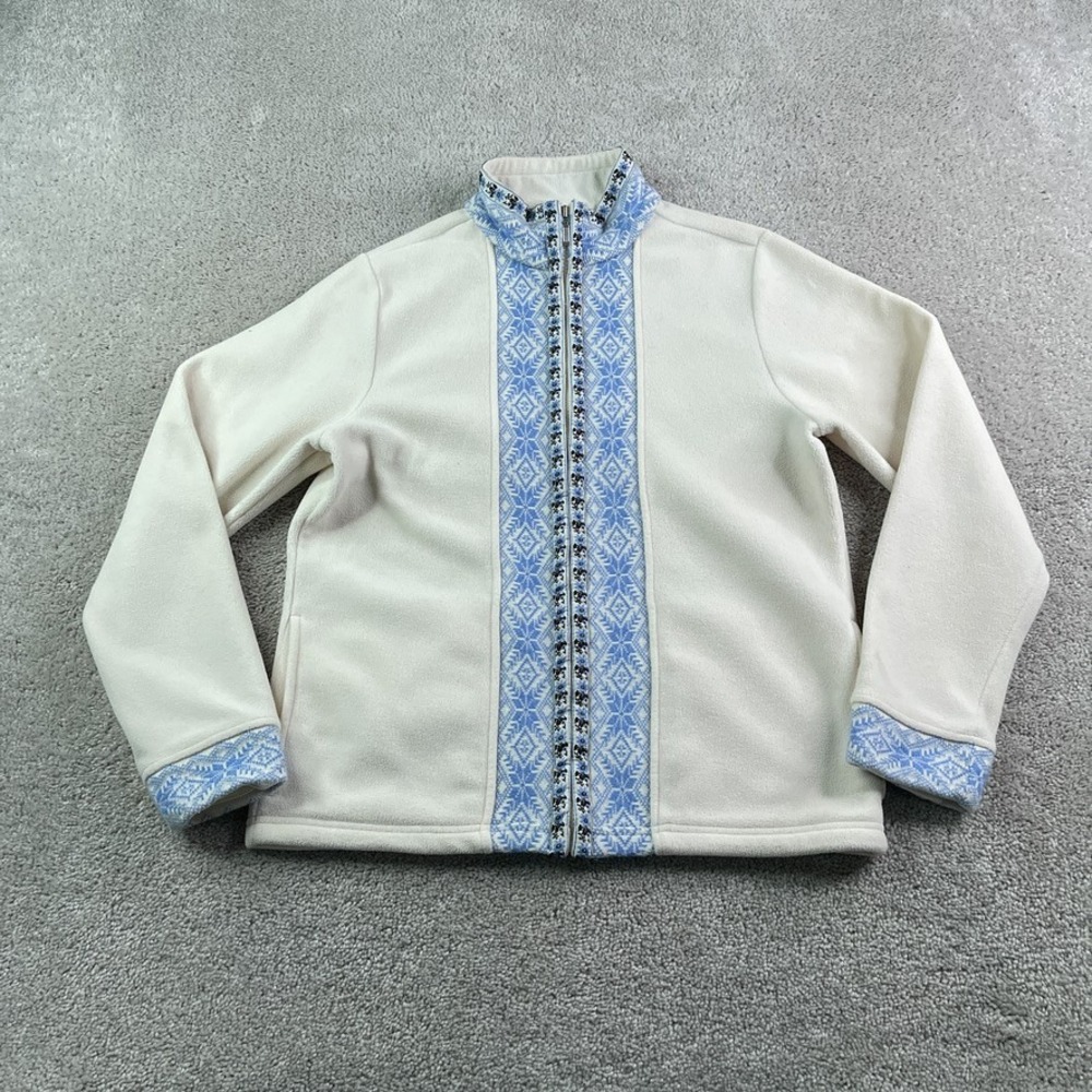 LL Bean Jacket Women Small Ivory Nordic Fair Isle Ski Fleece Full Zip Sweater